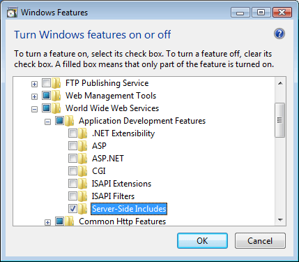 Windows Vista または Windows 7 インターフェイスで選択されている [サーバー側のインクルード] のスクリーンショット。