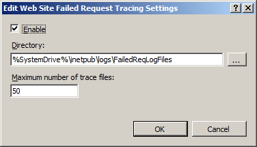 [Web サイトの失敗した要求トレース設定の編集] ダイアログ ボックスのスクリーンショット。