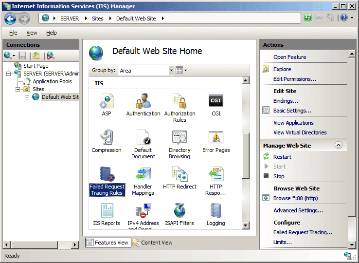 既定の Web サイトのホーム ページが表示されている I I S マネージャーのスクリーンショット。失敗した要求トレース ルールのアイコンが強調表示されています。
