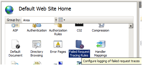 [失敗した要求トレース ルール] オプションが強調表示されている [既定の Web サイト ホーム] 画面のスクリーンショット。