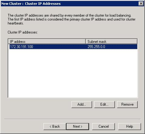 I P アドレスとサブネット マスクを示す [Cluster I P Addresses]\(クラスター I P アドレス\) ダイアログのスクリーンショット。