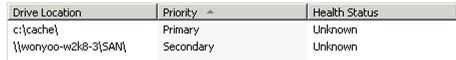 [ドライブの場所]、[優先度]、[正常性状態] 列のスクリーンショット。このチュートリアルでは、円記号バックスラッシュが 2 k 8 ダッシュ 3 円記号 S A N 円記号を 2 次ドライブの場所として使用します。
