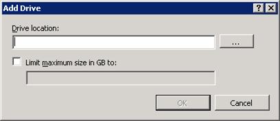 [ドライブの追加] ダイアログ ボックスのスクリーンショット。[ドライブの場所] ボックスと [最大サイズ (GB)] ボックスが表示されます。
