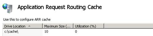 アプリケーション要求ルーティング キャッシュのスクリーンショット。[ドライブの場所]、[最大サイズ]、および [使用率] 列が表示されます。