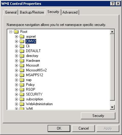 [セキュリティ] タブが表示された [W M I コントロールのプロパティ] ダイアログ ボックスのスクリーンショット。C I M V2 フォルダーが強調表示されています。