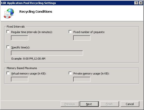[アプリケーション プールのリサイクル設定の編集] ダイアログ ボックスを示すスクリーンショット。