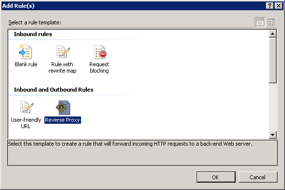 ルール テンプレート オプションが表示されている [ルールの追加] ダイアログ ボックスのスクリーンショット。リバース プロキシが強調表示されています。