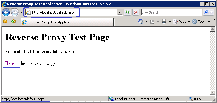リバース プロキシ テスト ページが表示されているブラウザー ウィンドウのスクリーンショット。