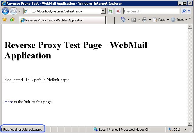 リバース プロキシ テスト ページ Web メール アプリケーションのスクリーンショット。下部の U R L h t t p コロンスラッシュローカルホストスラッシュデフォルトドットs p xが強調表示されています。