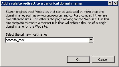 プライマリ ホスト名が contoso_com に設定されている正規ドメイン名にリダイレクトするルールの追加画面のスクリーンショット。