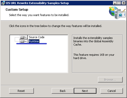 [I S U R L Rewrite Extensibility Samples Setup]\(I S U R L 書き換え機能拡張サンプルのセットアップ\) ダイアログ ボックスのスクリーンショット。[ランタイム] アイコンが強調表示されています。