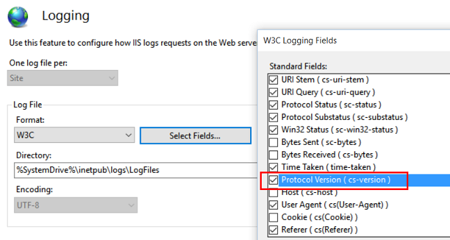 [W 3 C ログ フィールド] メニューからプロトコル バージョン C S ダッシュ バージョンが選択された [フィールドの選択] ドロップダウンが表示されている I I S ログ ページの画像。