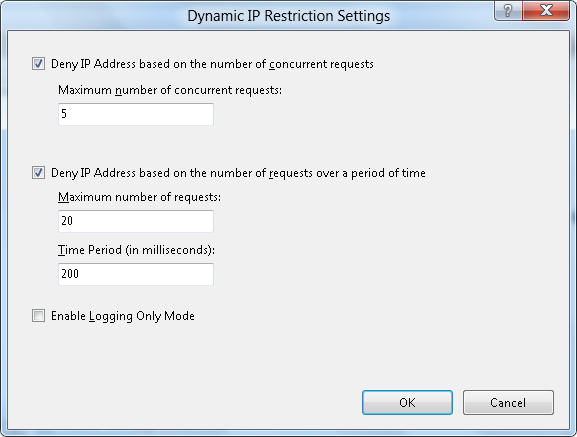 [Dynamic I P Restriction Settings]\(動的 I P 制限設定\) ダイアログ ボックスを示すスクリーンショット。最初の 2 つの項目でチェック ボックスがオンになっています。