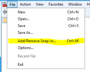 M M C の [ファイル] メニューを示すスクリーンショット。[スナップインの削除の追加] が強調表示されています。