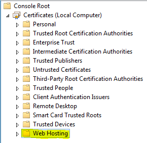 [証明書] ノードの下で [Web ホスティング] が強調表示されているスクリーンショット。
