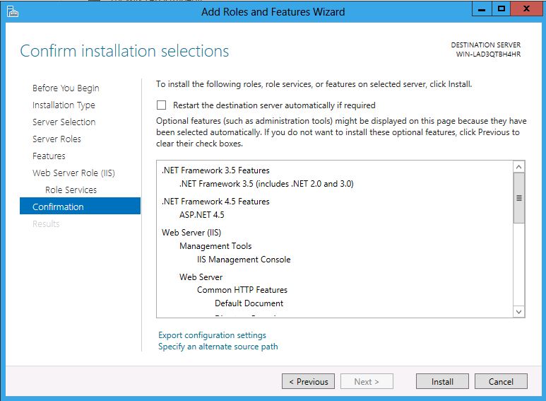 [Confirm installation selections]\(インストールの確認\) の選択のスクリーンショット。確認が強調表示された状態で変更が受け入れられた場合にインストールされているすべての機能の一覧が表示されます。