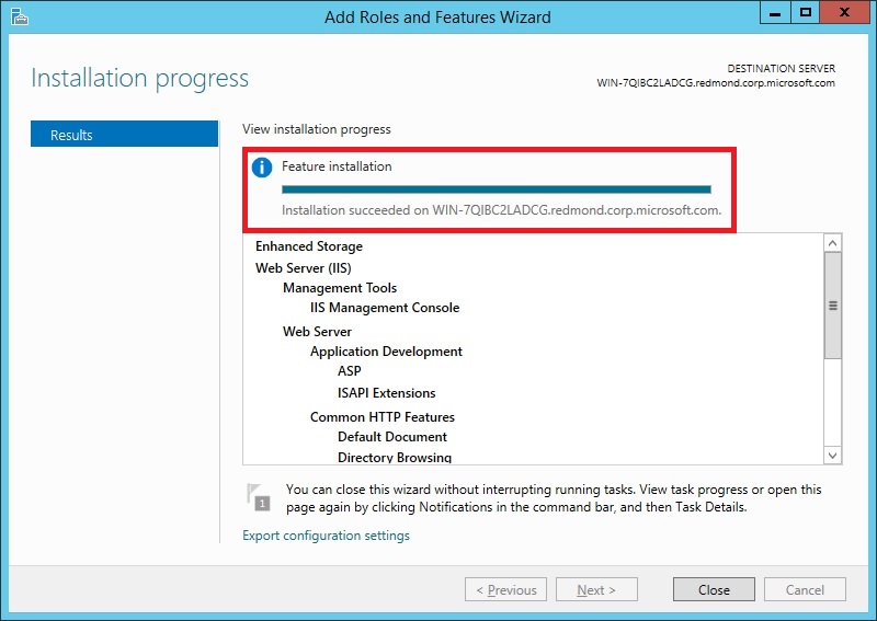 Windows Server 2012 の [結果] ページを示すスクリーンショット。