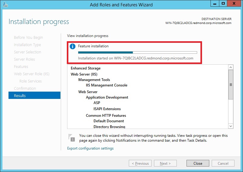 Windows Server 2012 の [進行状況] ページを示すスクリーンショット。