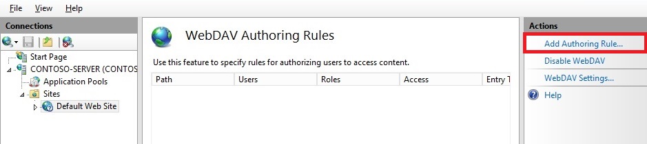 [Web DAV Authoring Rules]\(Web DAV 作成ルール\) ペインを示すスクリーンショット。[操作] ウィンドウで [作成ルールの追加] が強調表示されています。