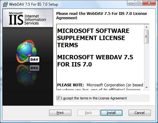 Web DAV 7 ポイント 5 For I S 7 ポイント 0 セットアップ インストール ウィンドウを示すスクリーンショット。