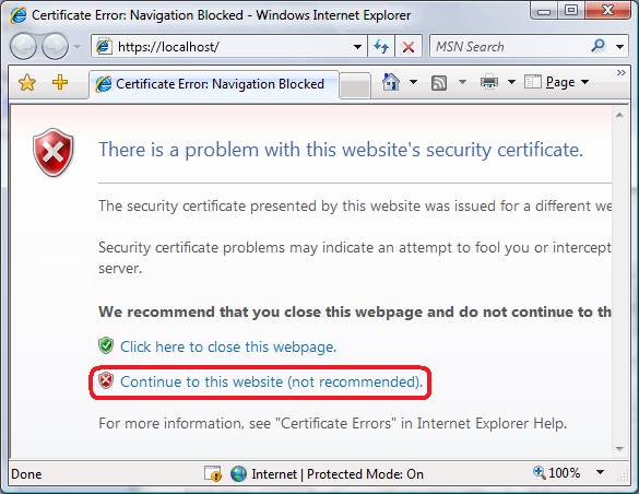 セキュリティ証明書エラーが表示されている Internet Explorer のスクリーンショット。この Web サイトに進む (推奨されません) 点が強調されています。