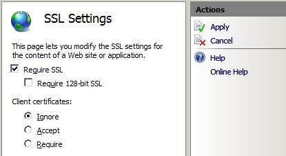 S S L を必要とし、クライアント証明書を無視する S S L 設定ペインのスクリーンショット。