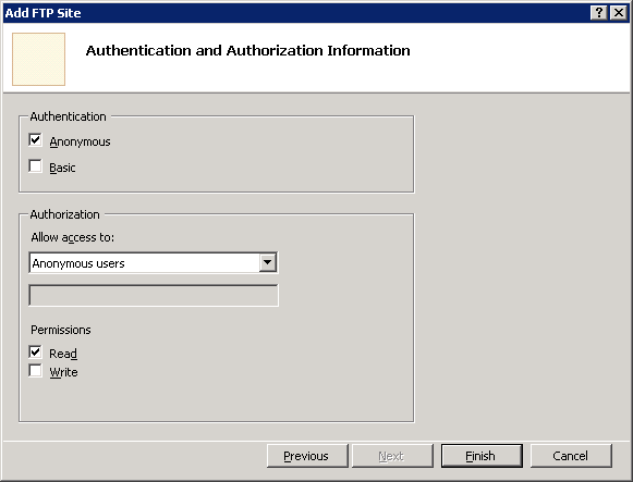 [完了] オプションにフォーカスがある [ADD F T P Site]\(F T P サイトの追加\) 画面の [Authentication and Authorization Information]\(認証と承認情報\) セクションのスクリーンショット。