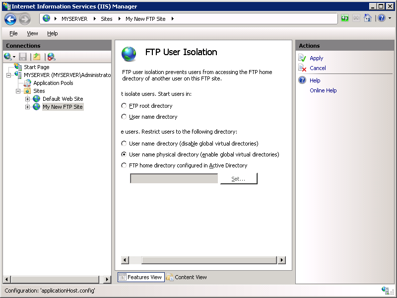 [適用] オプションにフォーカスがある [I I S Manager] 画面の [F T P User Isolation]\(ユーザー分離\) セクションのスクリーンショット。