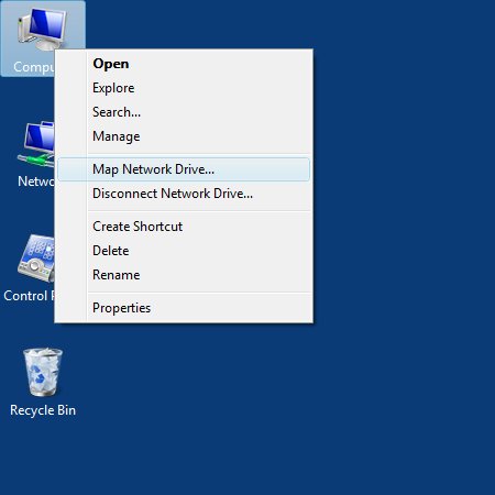 ドロップダウン リストから [ネットワーク ドライブのマップ] が選択された状態で開かれたコンピューターのデスクトップ アイコンの画像。