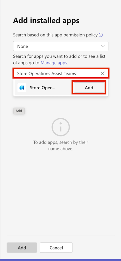 「追加」ボタンがあるStore Operations Teams のスクリーンショット。