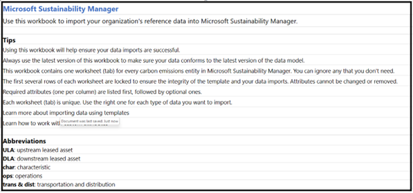 Excel テンプレートのインストラクション シートページのスクリーンショット。