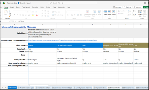 Excel テンプレートのエンティティ タブに情報を入力する方法を示すスクリーンショット。