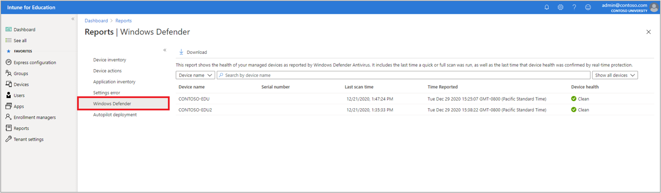 Windows Defender レポート画面。Windows Defenderウイルス対策によって報告されたデバイスの一覧が表示されます。