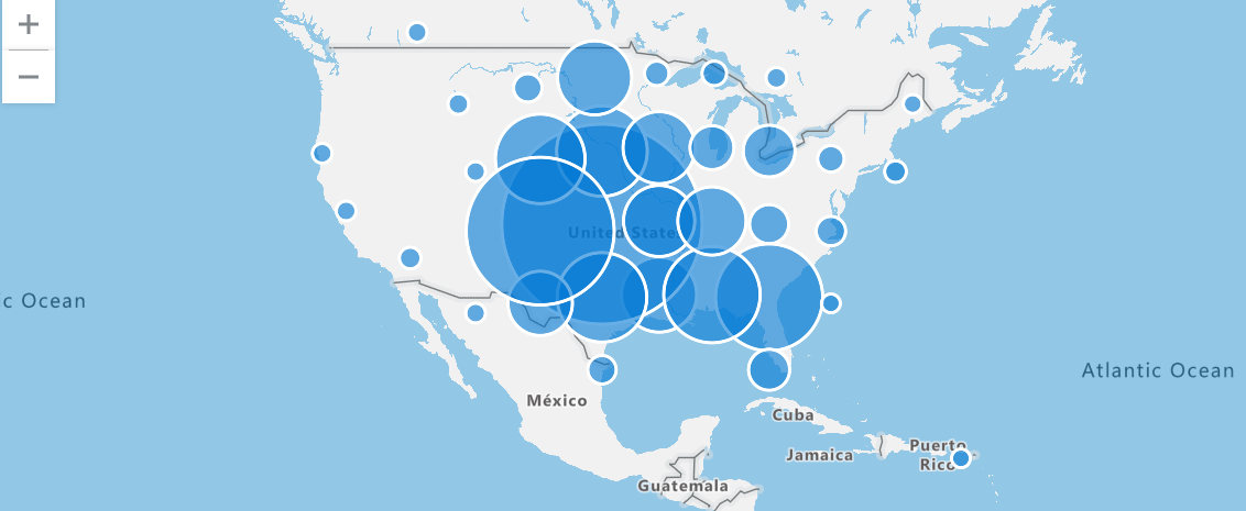 竜巻の嵐の地理空間マップを示す Azure Data Explorer Web UI のスクリーンショット。