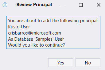 承認されたプリンシパルを追加するための確認要求を示す [校跢プリンシパル] ウィンドウのスクリーンショット。