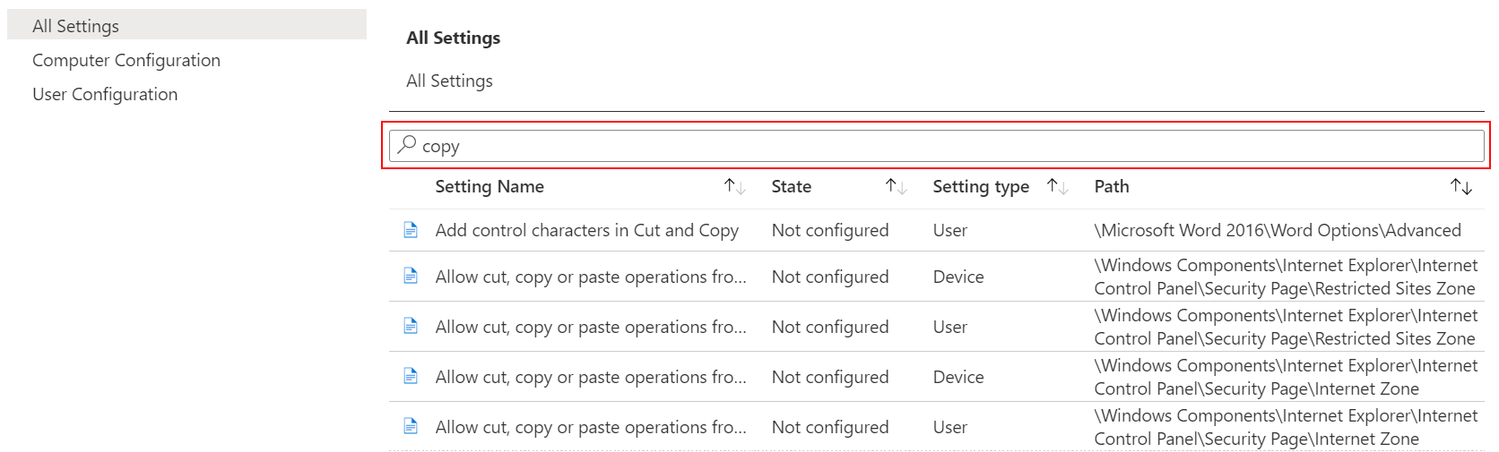 Microsoft Intune とエンドポイント マネージャー管理センターで、「copy」と検索して管理用テンプレートのすべてのデバイス設定を表示します。