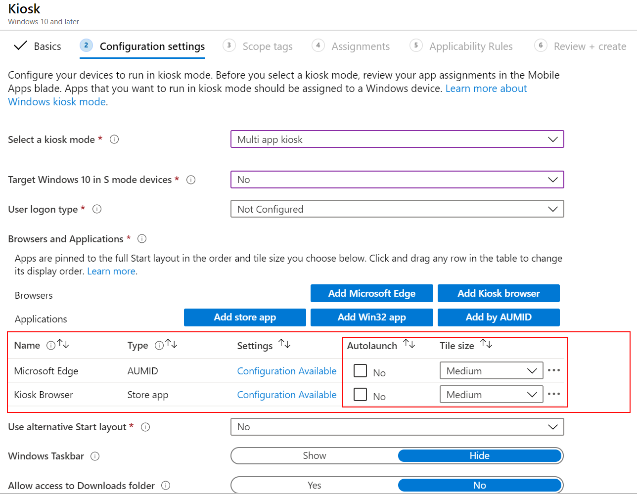 アプリまたはブラウザーを自動的に起動し、Microsoft Intuneのマルチアプリ キオスク プロファイルでタイル サイズを選択します。