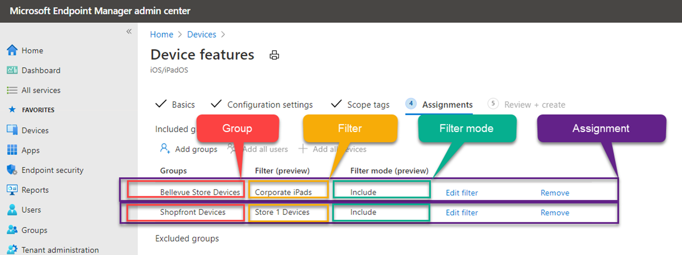 Microsoft Intuneでフィルターを使用するときの割り当ての競合の例を示すスクリーンショット。