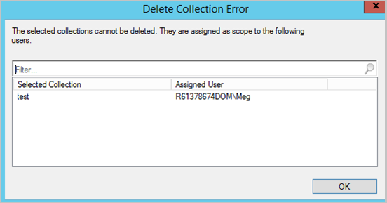 スコープの割り当てによってコレクションの削除に失敗した場合に割り当てられたユーザー リストのスクリーンショット。