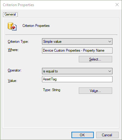 Device Custom Properties PropertyName の条件プロパティ ウィンドウ。