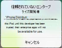 信頼されていないエンタープライズ開発者に関する iOS アプリ メッセージのスクリーンショット。