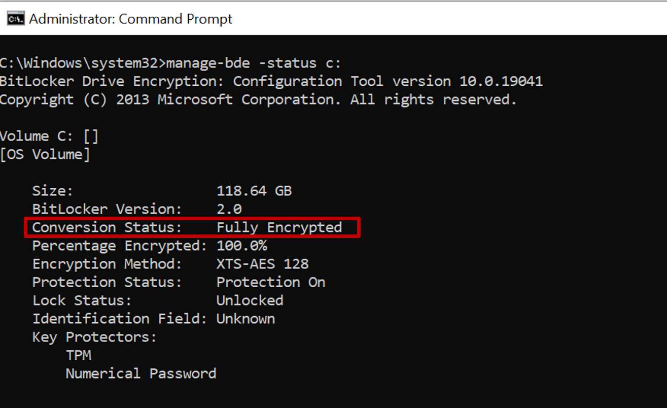 Screenshot of administrative command prompt showing output of manage-bde with conversion status reflecting used space only encryption.