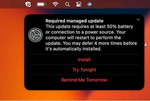The sample notification prompt for a required update on a macOS Apple device.