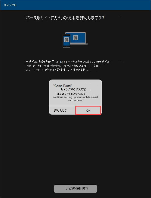 ポータル サイト プロンプトのスクリーンショットの例。カメラへのアクセスを許可するためのアクセス許可を求めます。