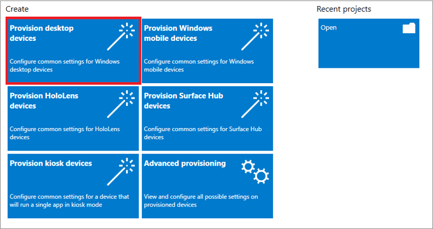 Windows 構成デザイナー アプリで [デスクトップ デバイスのプロビジョニング] を選択しているスクリーンショット