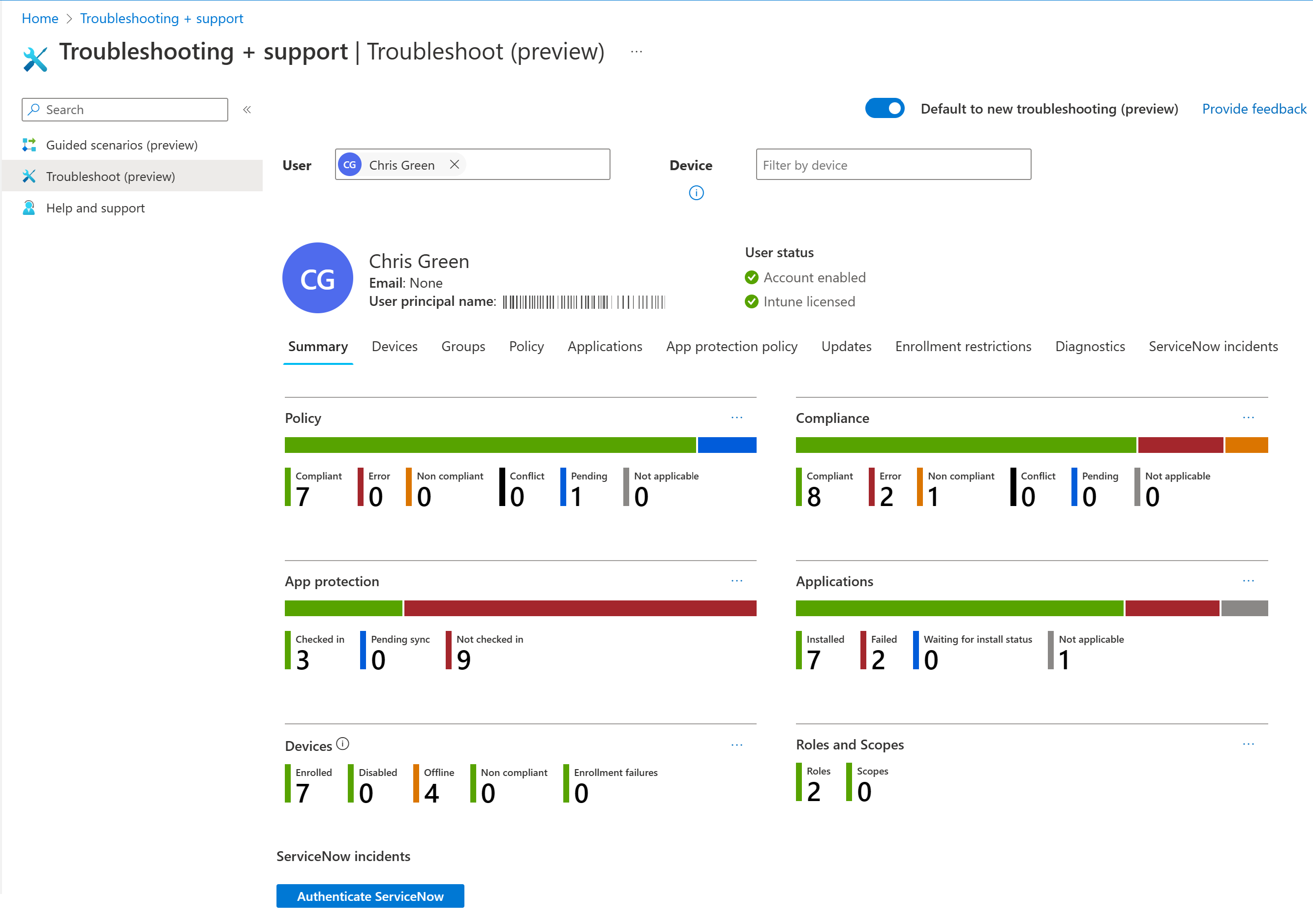 [概要] タブと選択したユーザーの詳細が表示された Intune トラブルシューティング ダッシュボードを示すスクリーンショット