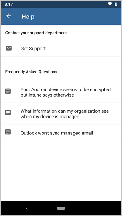 Microsoft Intune アプリの [ヘルプ] 画面のスクリーンショット。