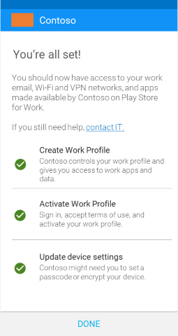 スクリーンショットでは、更新後の Android 仕事用プロファイル デバイス用ポータル サイト アプリの、[すべての設定が完了しました] 画面が示されています。