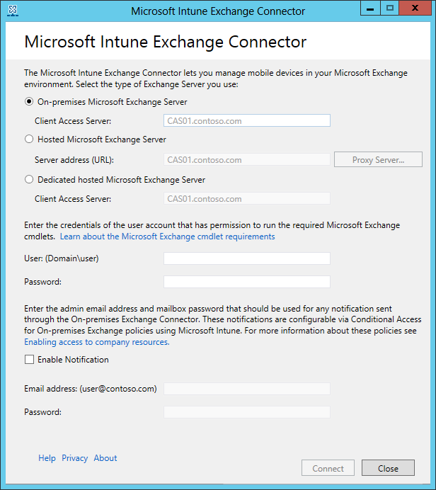 Exchange Server の種類を選択する場所を示す画像