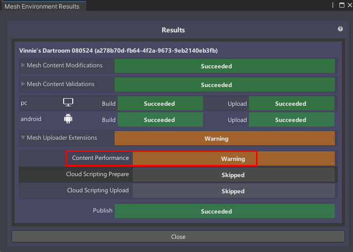 Content Performance インジケーターが強調表示されている [Build and Upload Results] ウィンドウのスクリーンショット。